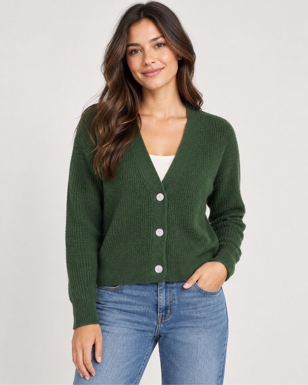 Banana Republic MED Waffle Knit Cardigan Green Wool Blend V-Neck Sweater Goblin